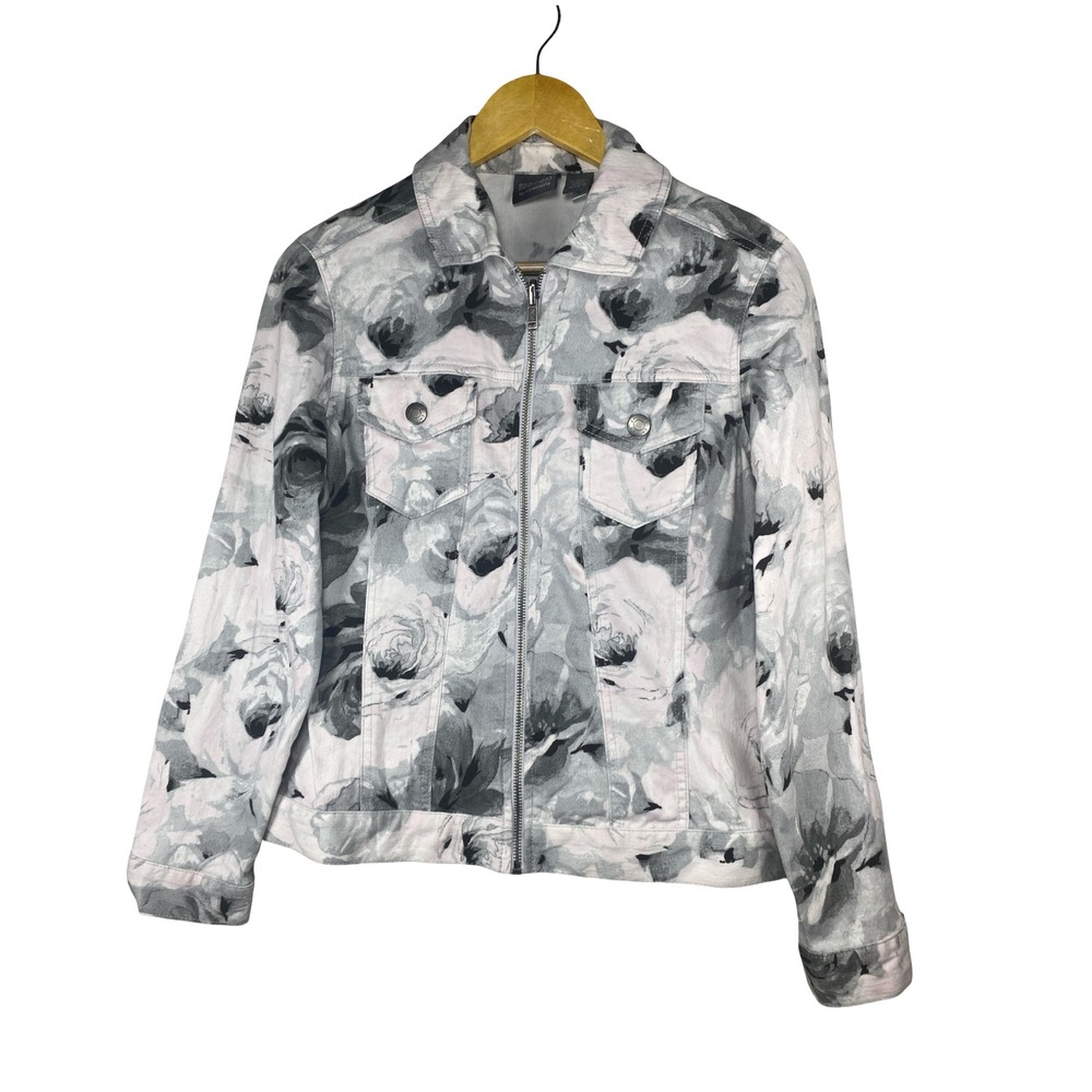 Chicos Floral Jean Jacket Roses Gray Pink Zip Up Size 0 ( S 4-6) contemporary